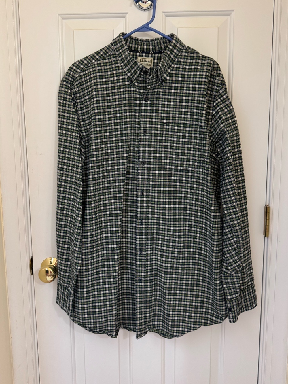 L.L. Bean Men's Dark Green and White Plaid Button-Down Shirt
